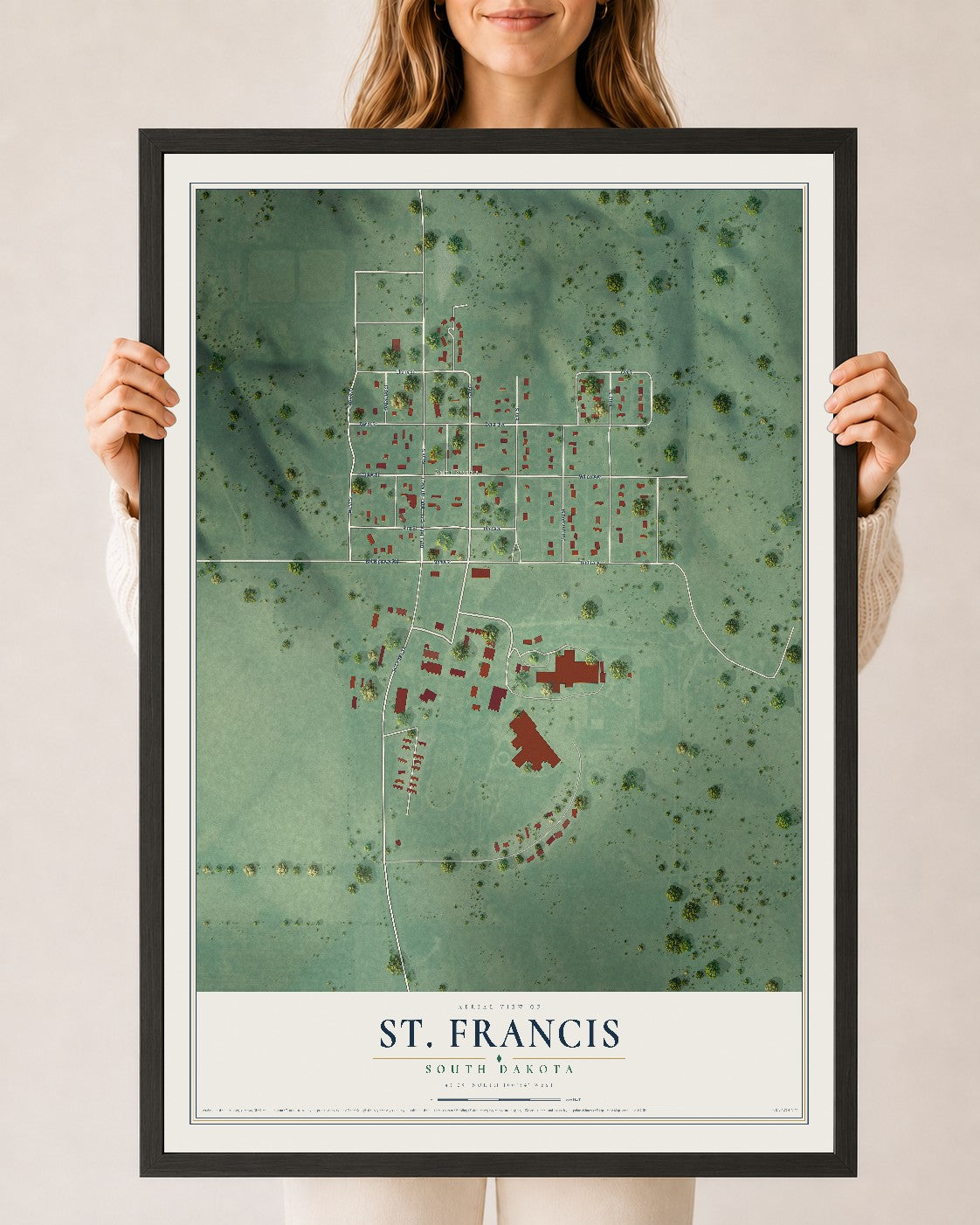 Map of St. Francis, South Dakota, 24 x 36 inch print in a black wood frame