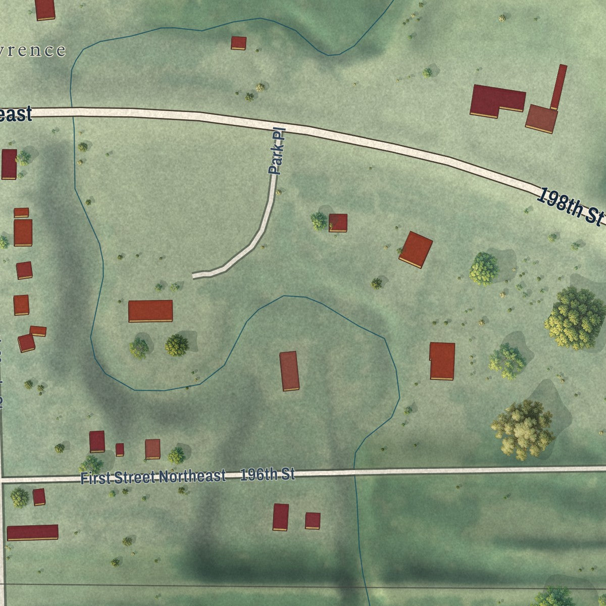 Second close-up of the map of St. Lawrence, South Dakota print showing more streets and buildings