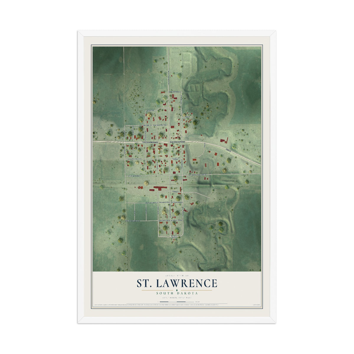 Map of St. Lawrence, South Dakota, 12 x 18 inch print in a white wood frame