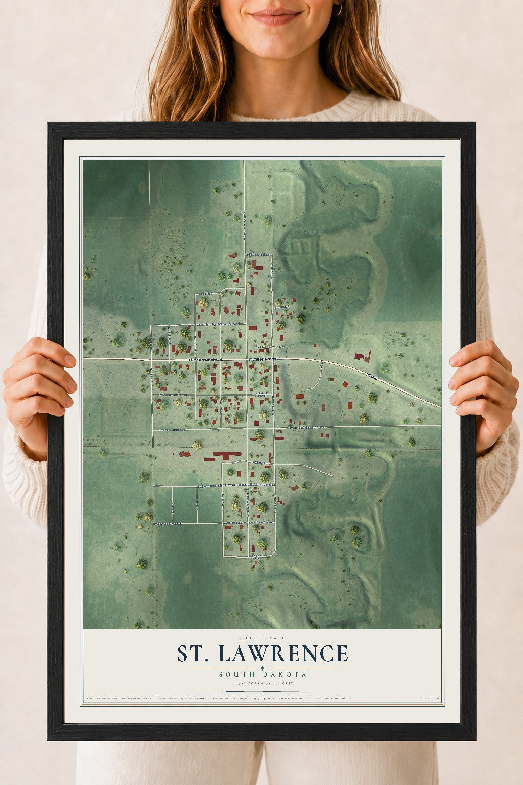 Map of St. Lawrence, South Dakota, 18 x 24 inch print in a black wood frame