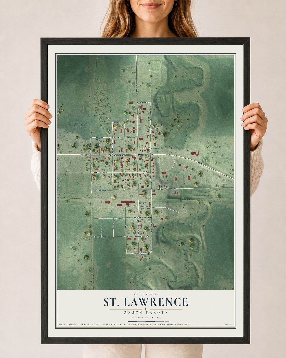 Map of St. Lawrence, South Dakota, 24 x 36 inch print in a black wood frame