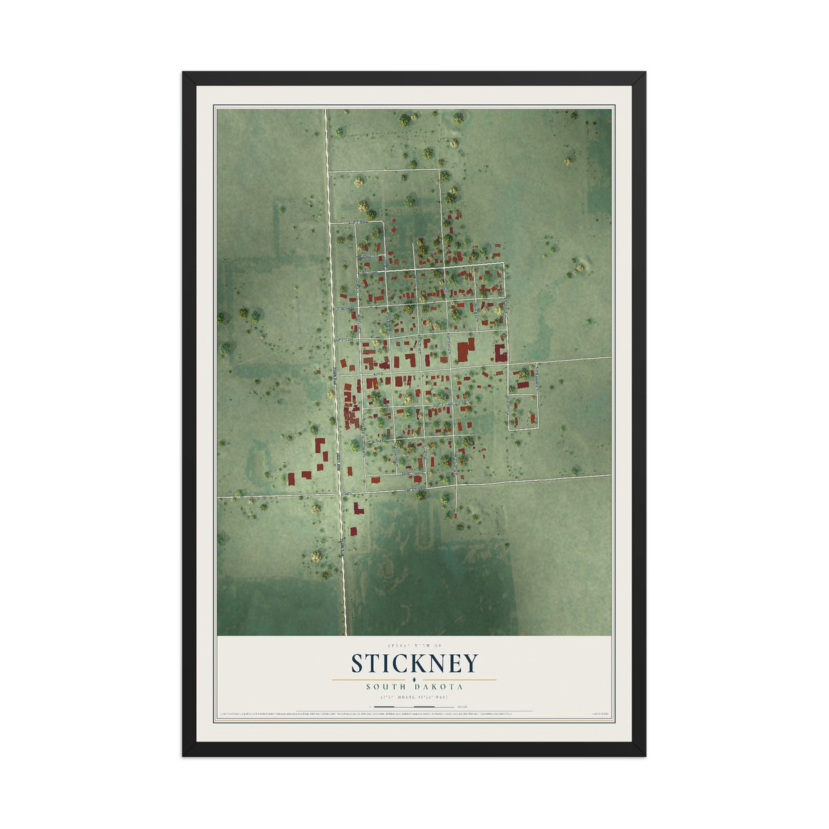 Map of Stickney, South Dakota, 12 x 18 inch print in a black wood frame