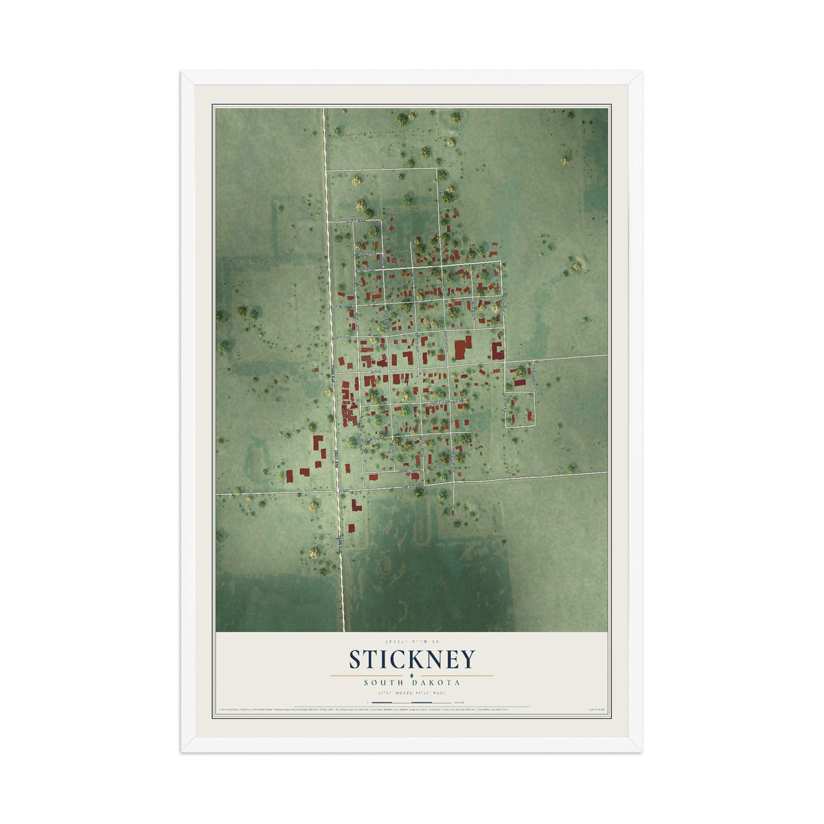 Map of Stickney, South Dakota, 12 x 18 inch print in a white wood frame
