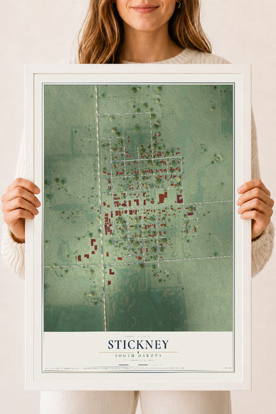 Map of Stickney, South Dakota, 18 x 24 inch print in a white wood frame