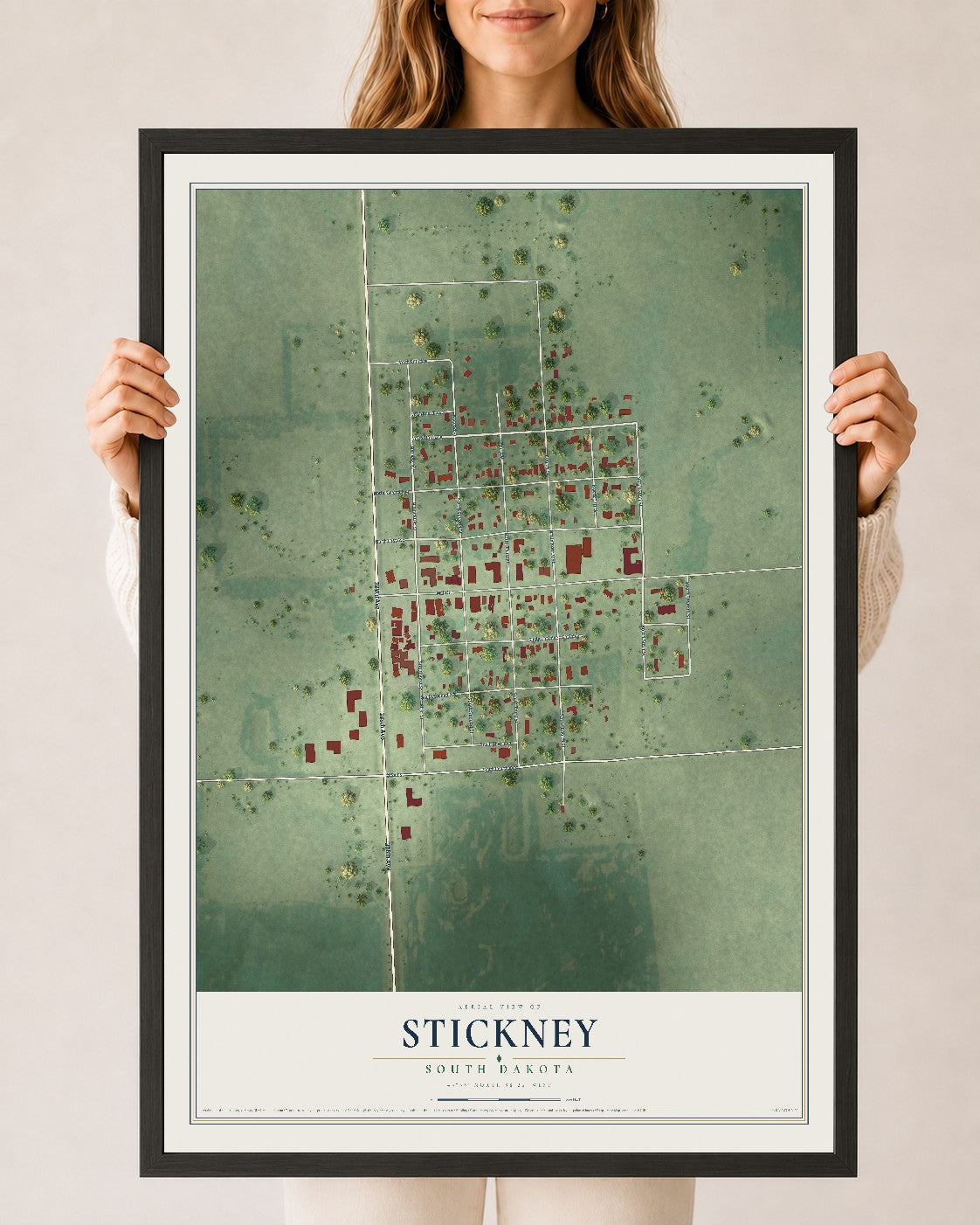 Map of Stickney, South Dakota, 24 x 36 inch print in a black wood frame