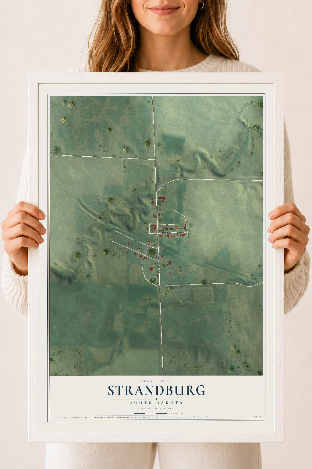 Map of Strandburg, South Dakota, 18 x 24 inch print in a white wood frame