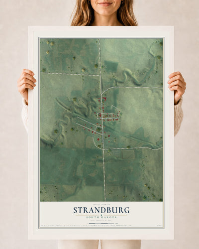 Map of Strandburg, South Dakota, 24 x 36 inch print in a white wood frame