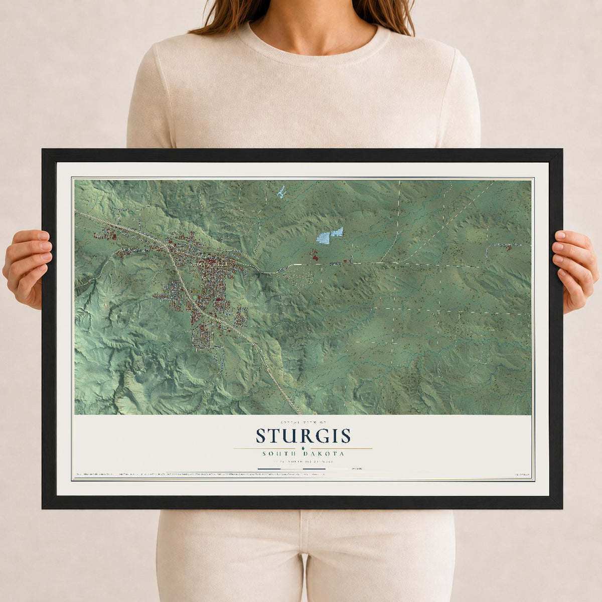 Map of Sturgis, South Dakota, 12 x 18 inch print in a black wood frame