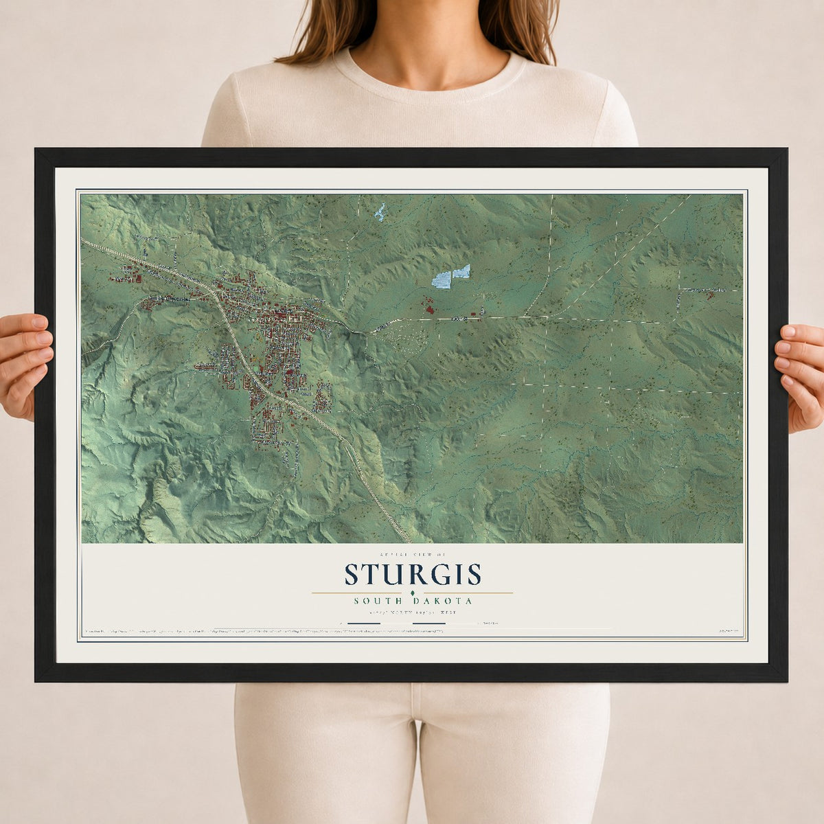Map of Sturgis, South Dakota, 18 x 24 inch print in a black wood frame