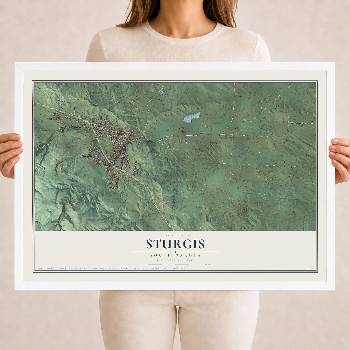 Map of Sturgis, South Dakota, 18 x 24 inch print in a white wood frame