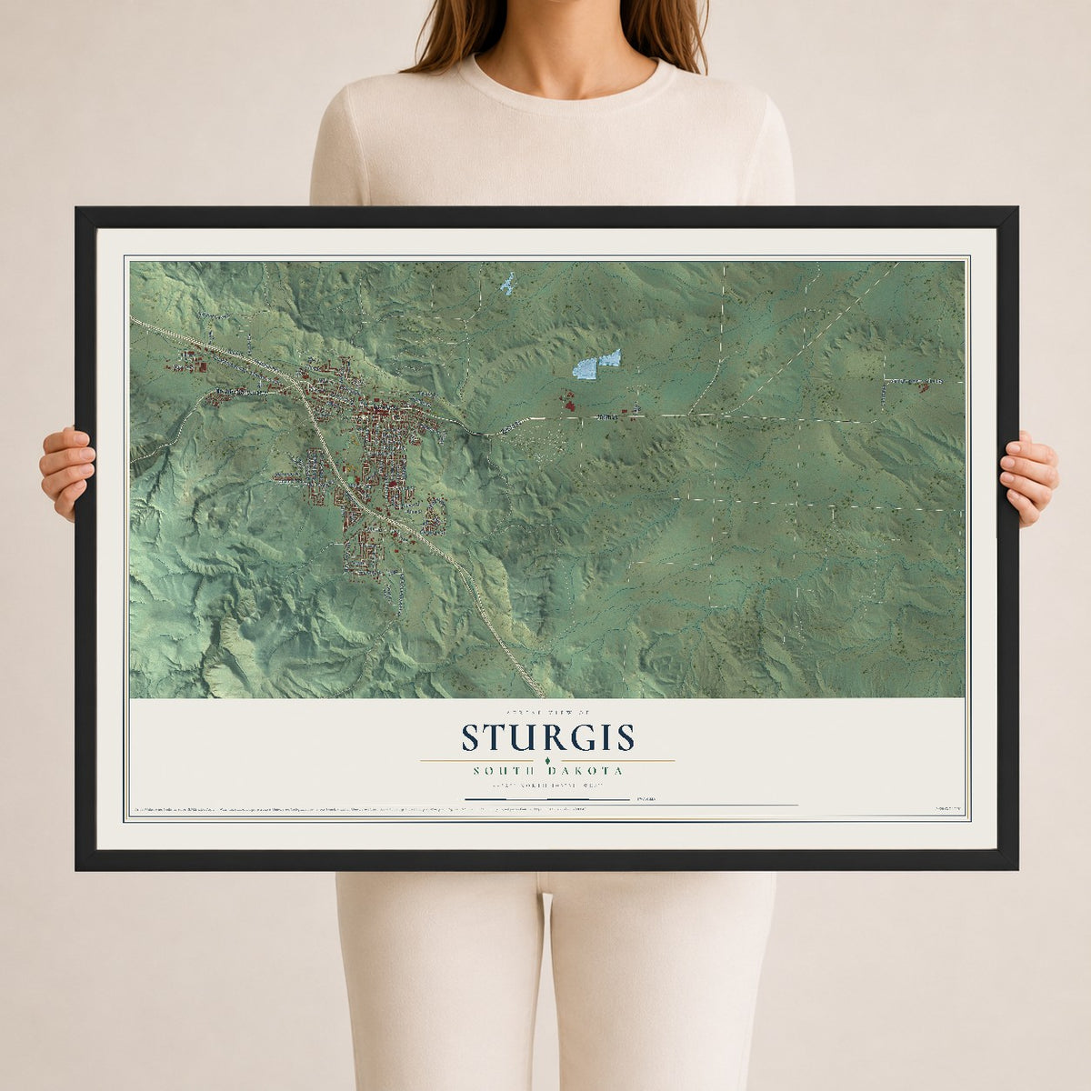 Map of Sturgis, South Dakota, 24 x 36 inch print in a black wood frame
