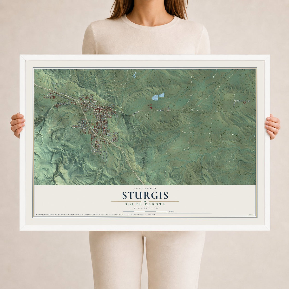 Map of Sturgis, South Dakota, 24 x 36 inch print in a white wood frame