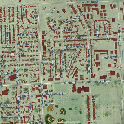 Close-up of the map of Tea, South Dakota print showing street and building detail