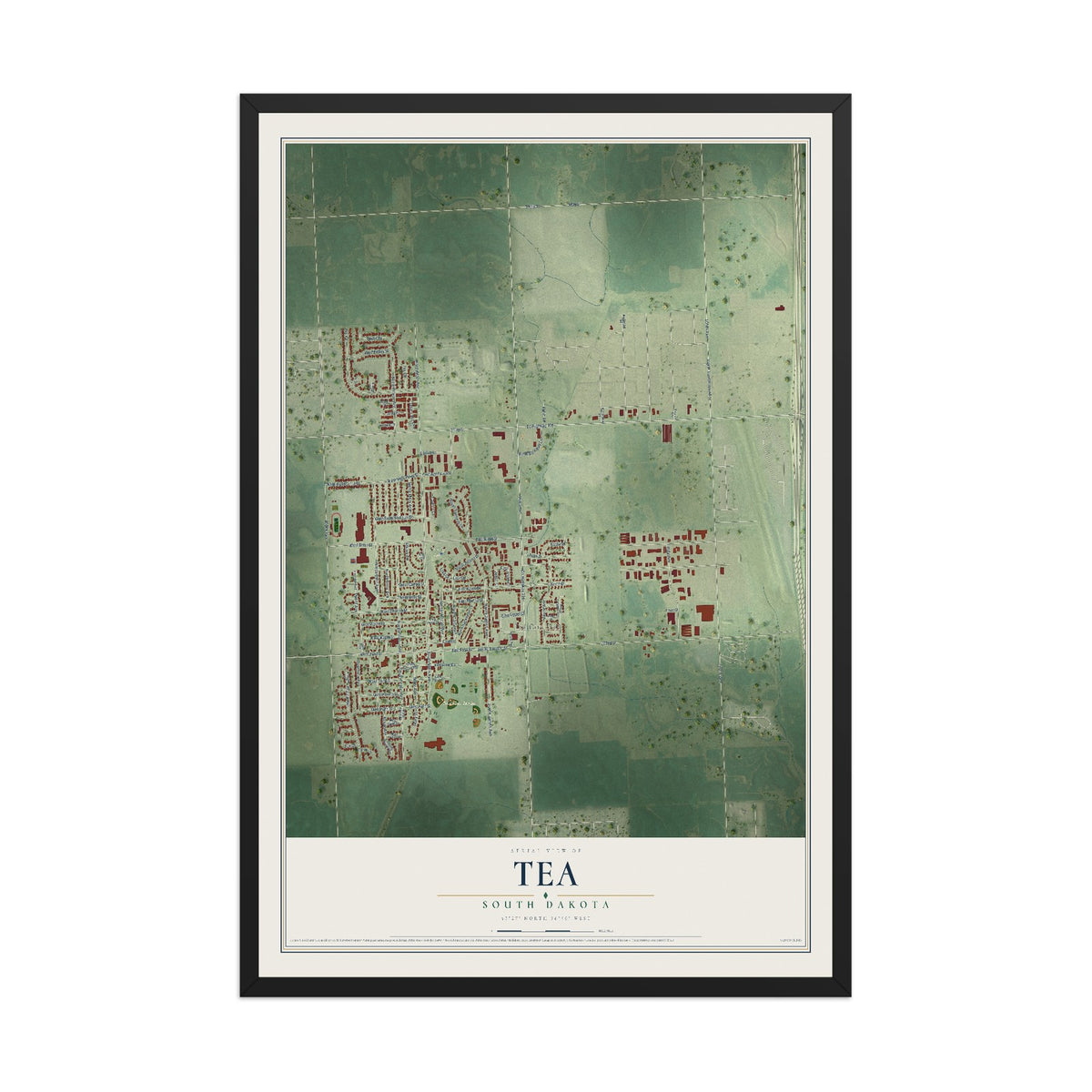 Map of Tea, South Dakota, 12 x 18 inch print in a black wood frame
