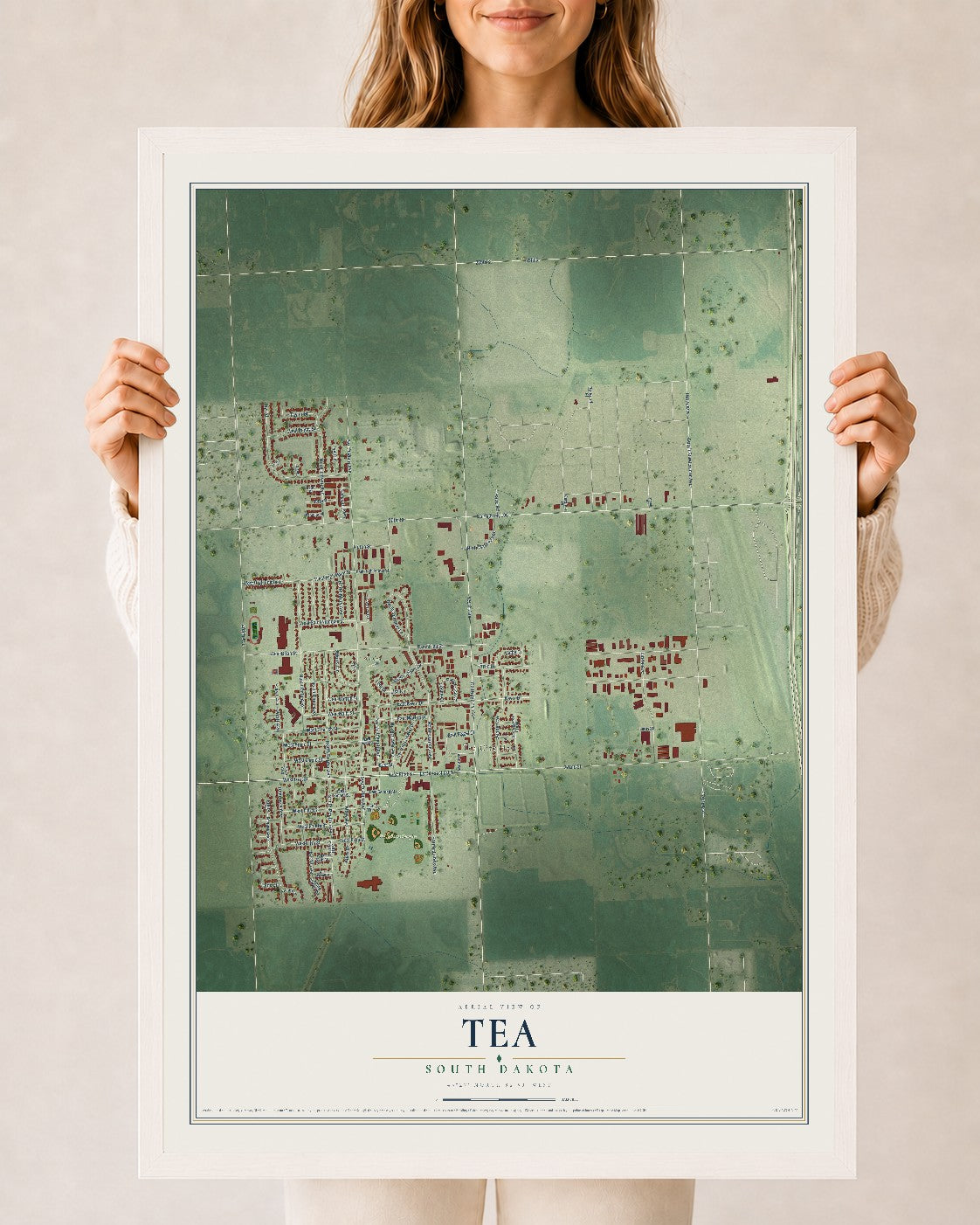 Map of Tea, South Dakota, 24 x 36 inch print in a white wood frame