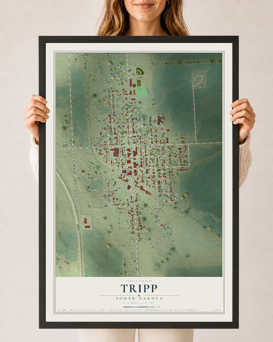 Map of Tripp, South Dakota, 24 x 36 inch print in a black wood frame