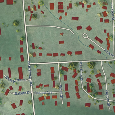 Second close-up of the map of Valley Springs, South Dakota print showing more streets and buildings