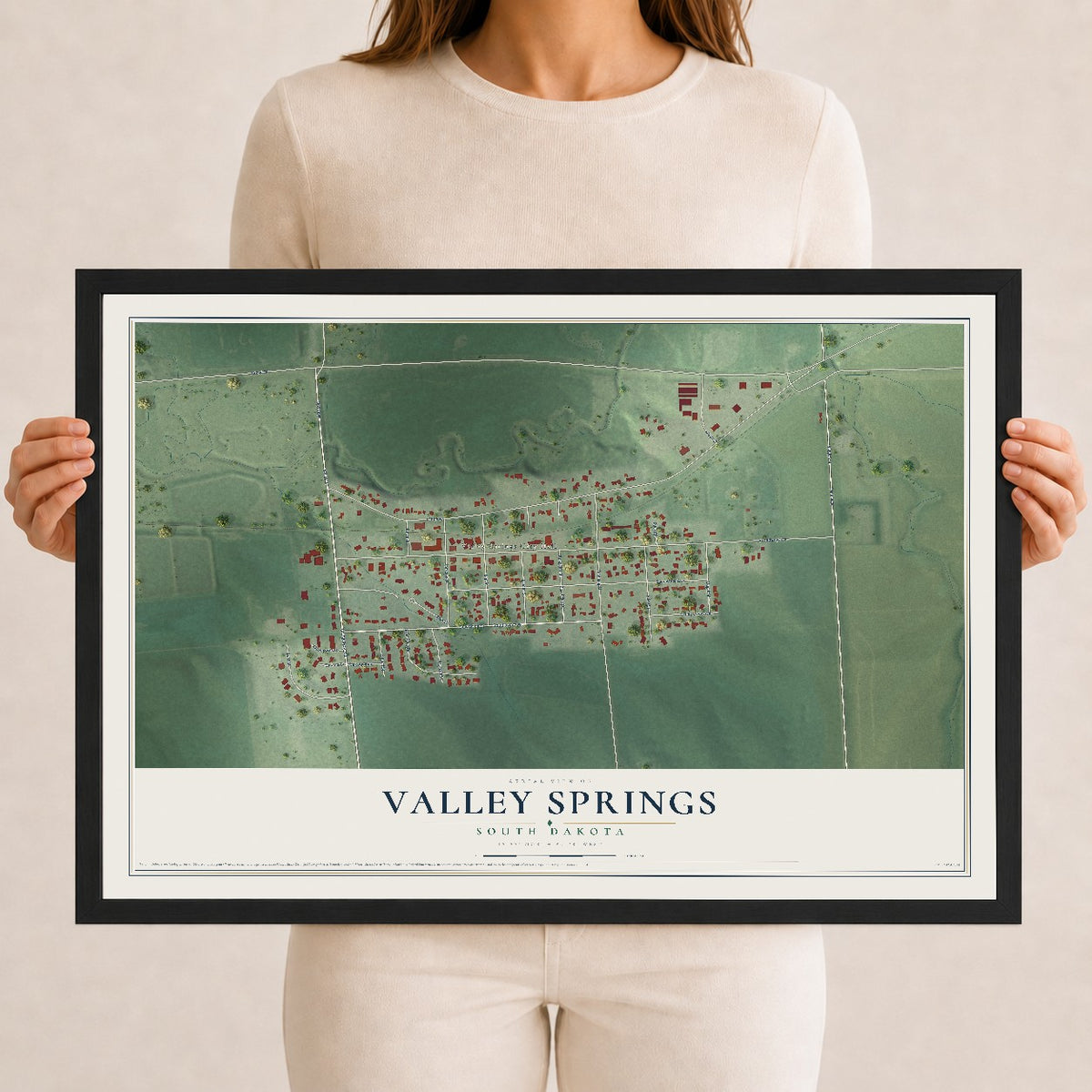Map of Valley Springs, South Dakota, 12 x 18 inch print in a black wood frame