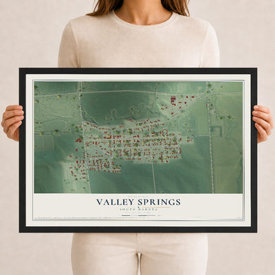 Map of Valley Springs, South Dakota, 12 x 18 inch print in a black wood frame