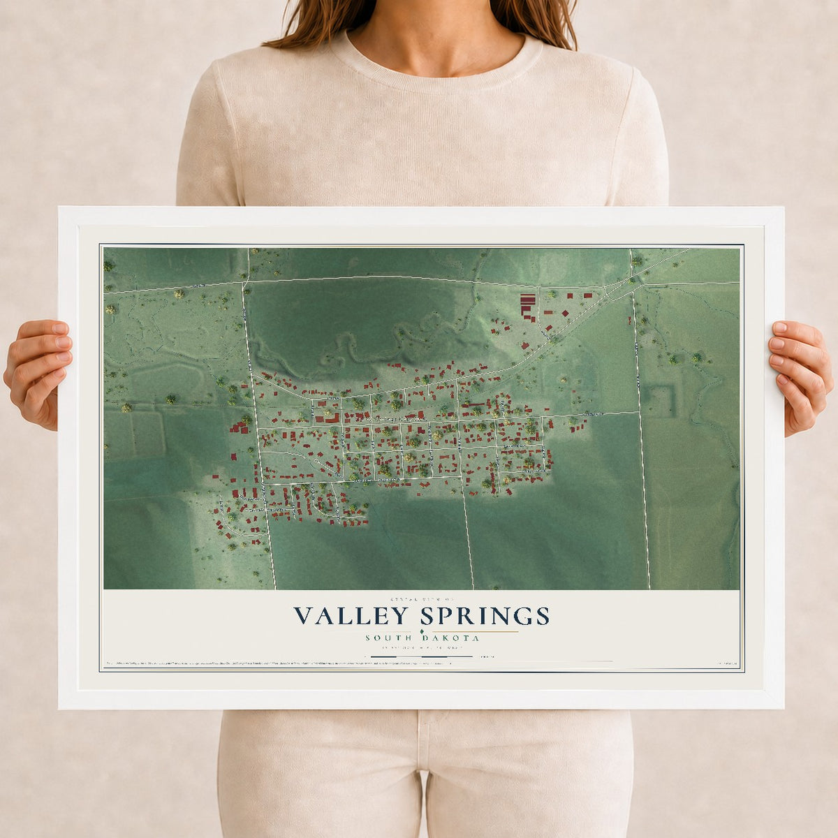 Map of Valley Springs, South Dakota, 12 x 18 inch print in a white wood frame