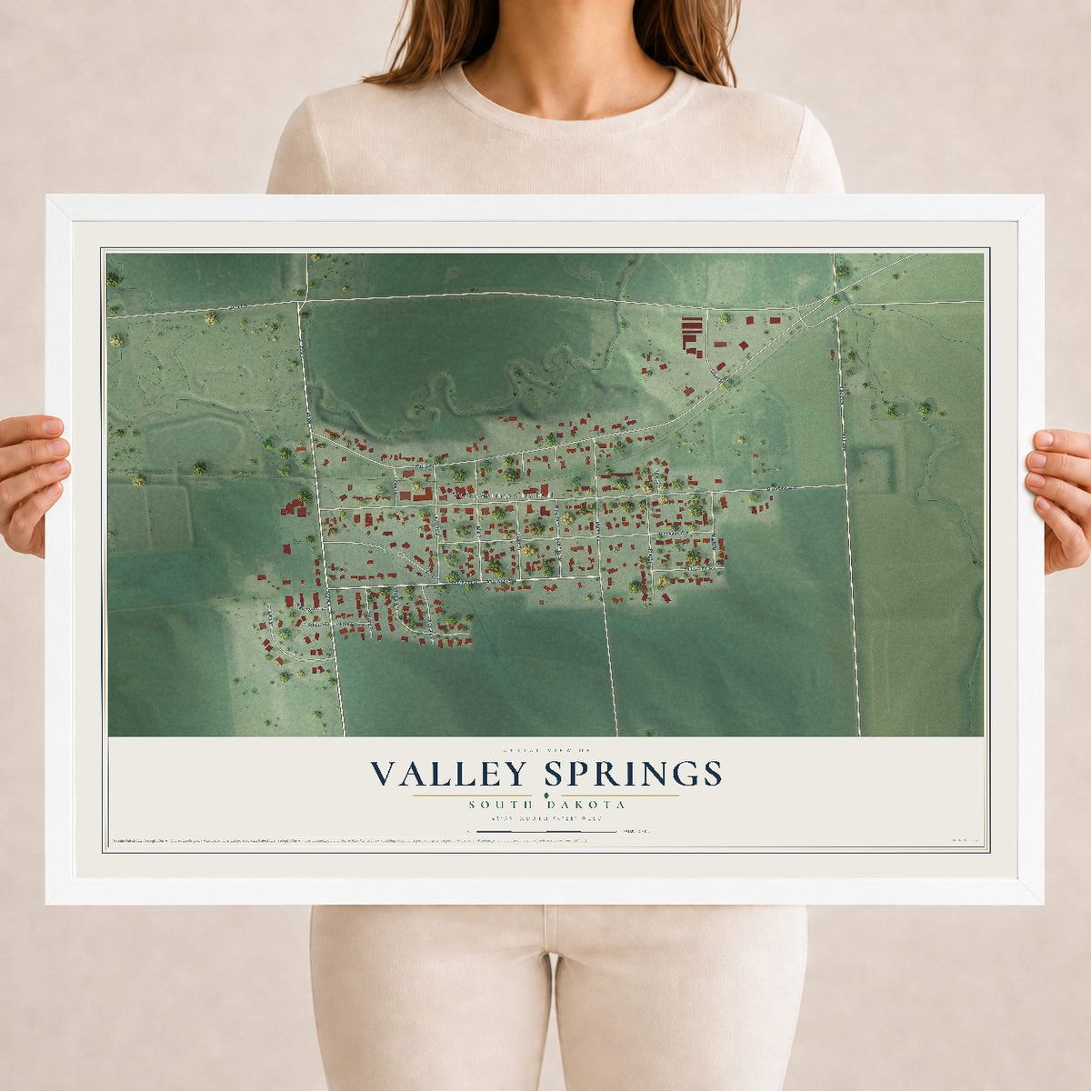 Map of Valley Springs, South Dakota, 18 x 24 inch print in a white wood frame