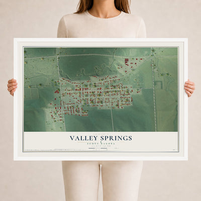 Map of Valley Springs, South Dakota, 24 x 36 inch print in a white wood frame