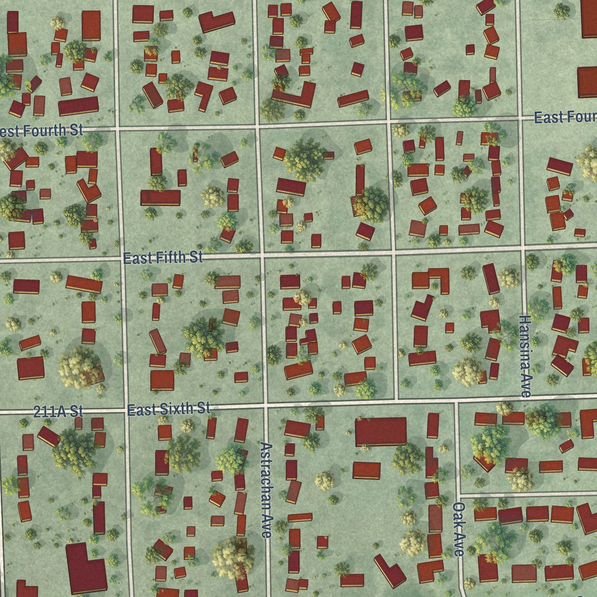 Close-up of the map of Volga, South Dakota print showing street and building detail