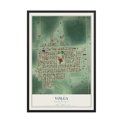 Map of Volga, South Dakota, 12 x 18 inch print in a black wood frame