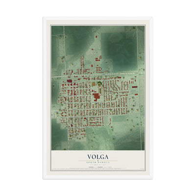 Map of Volga, South Dakota, 12 x 18 inch print in a white wood frame