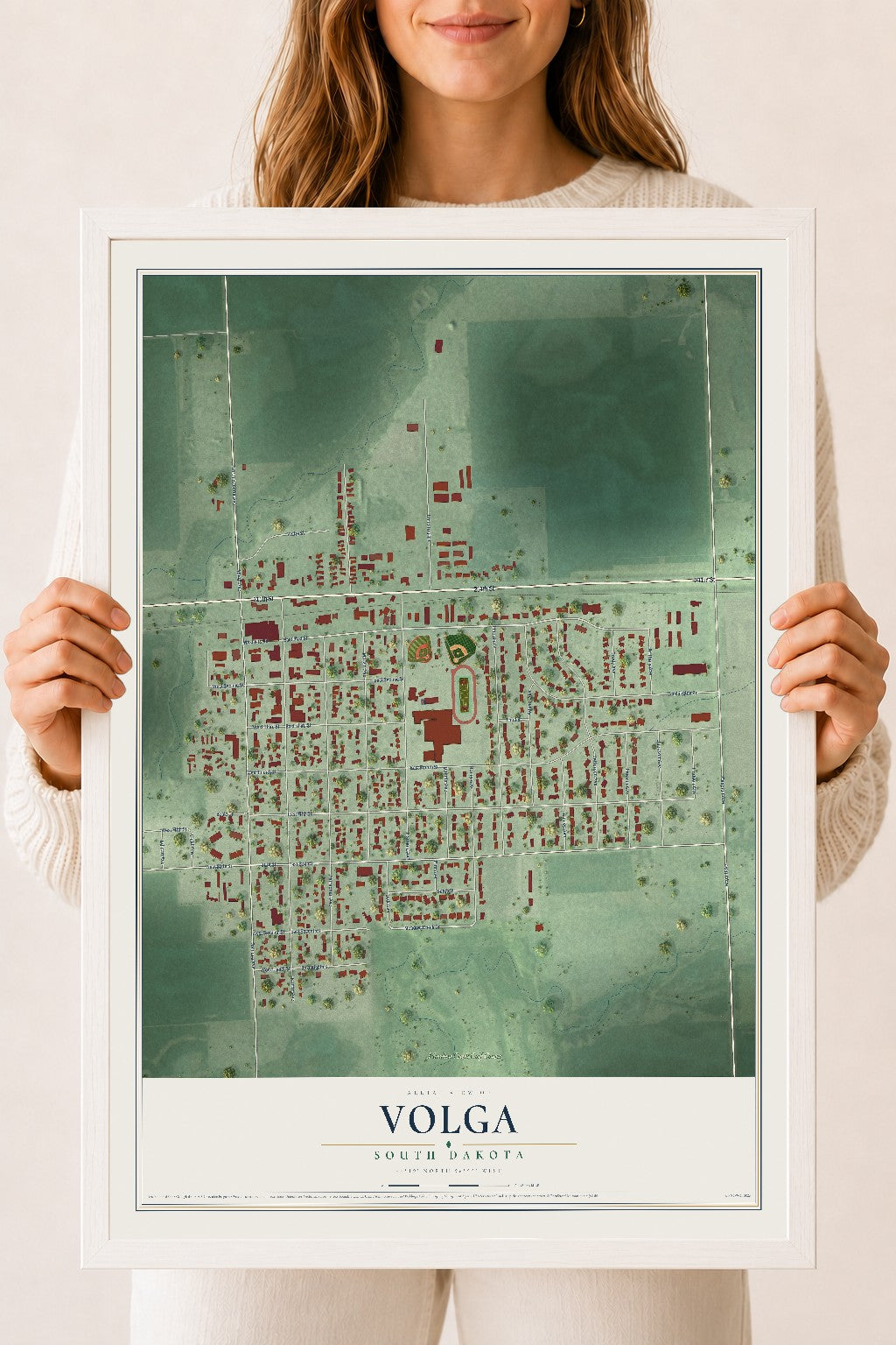 Map of Volga, South Dakota, 18 x 24 inch print in a white wood frame