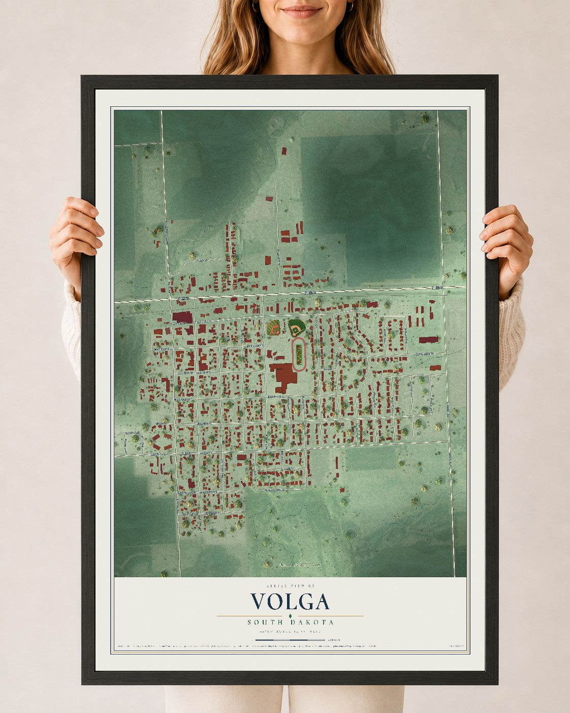 Map of Volga, South Dakota, 24 x 36 inch print in a black wood frame