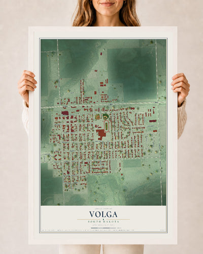 Map of Volga, South Dakota, 24 x 36 inch print in a white wood frame