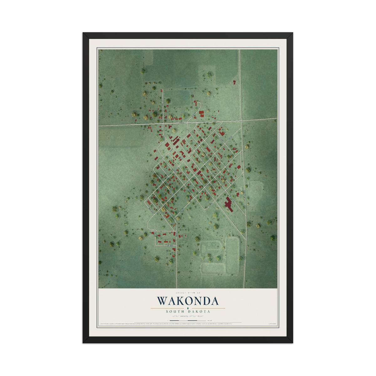 Map of Wakonda, South Dakota, 12 x 18 inch print in a black wood frame
