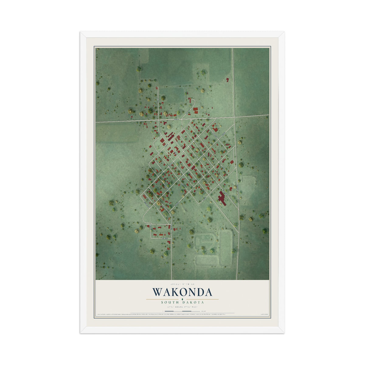 Map of Wakonda, South Dakota, 12 x 18 inch print in a white wood frame