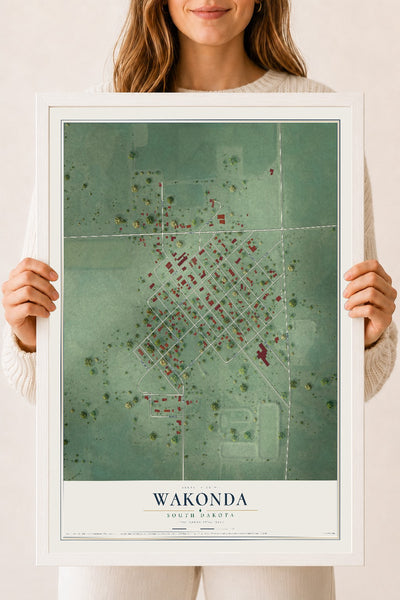 Map of Wakonda, South Dakota, 18 x 24 inch print in a white wood frame