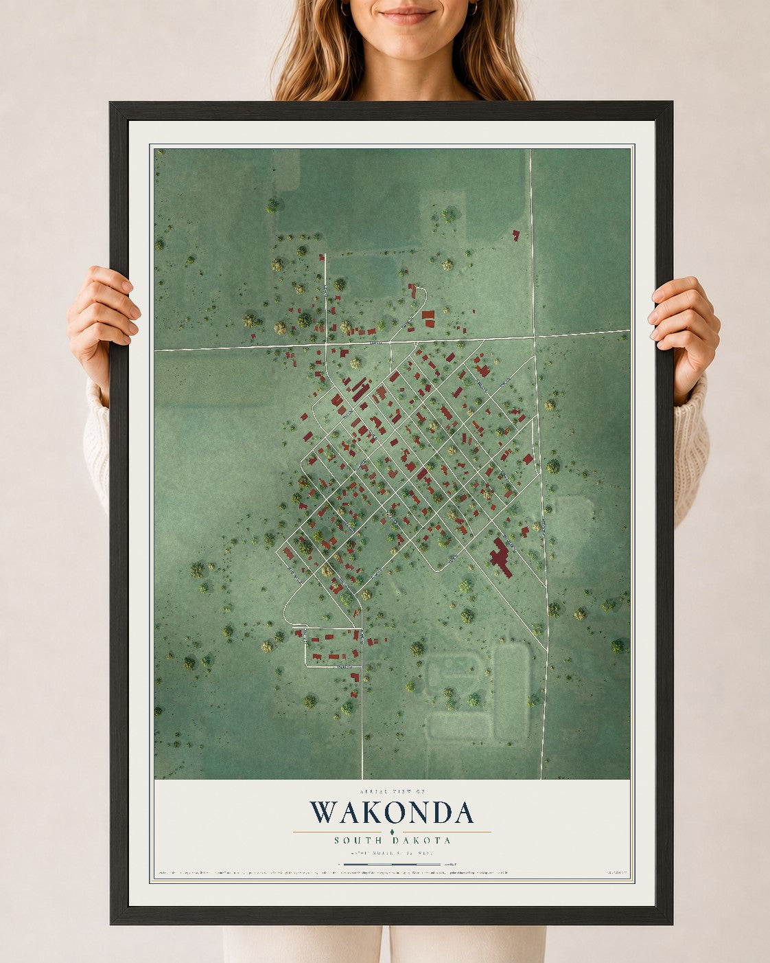 Map of Wakonda, South Dakota, 24 x 36 inch print in a black wood frame