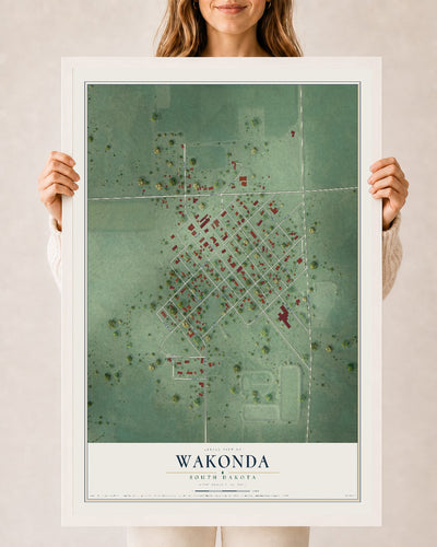 Map of Wakonda, South Dakota, 24 x 36 inch print in a white wood frame