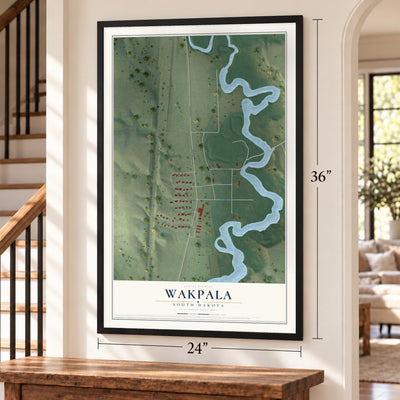 Wakpala, South Dakota map, 24 x 36 inch print in a black frame by a staircase