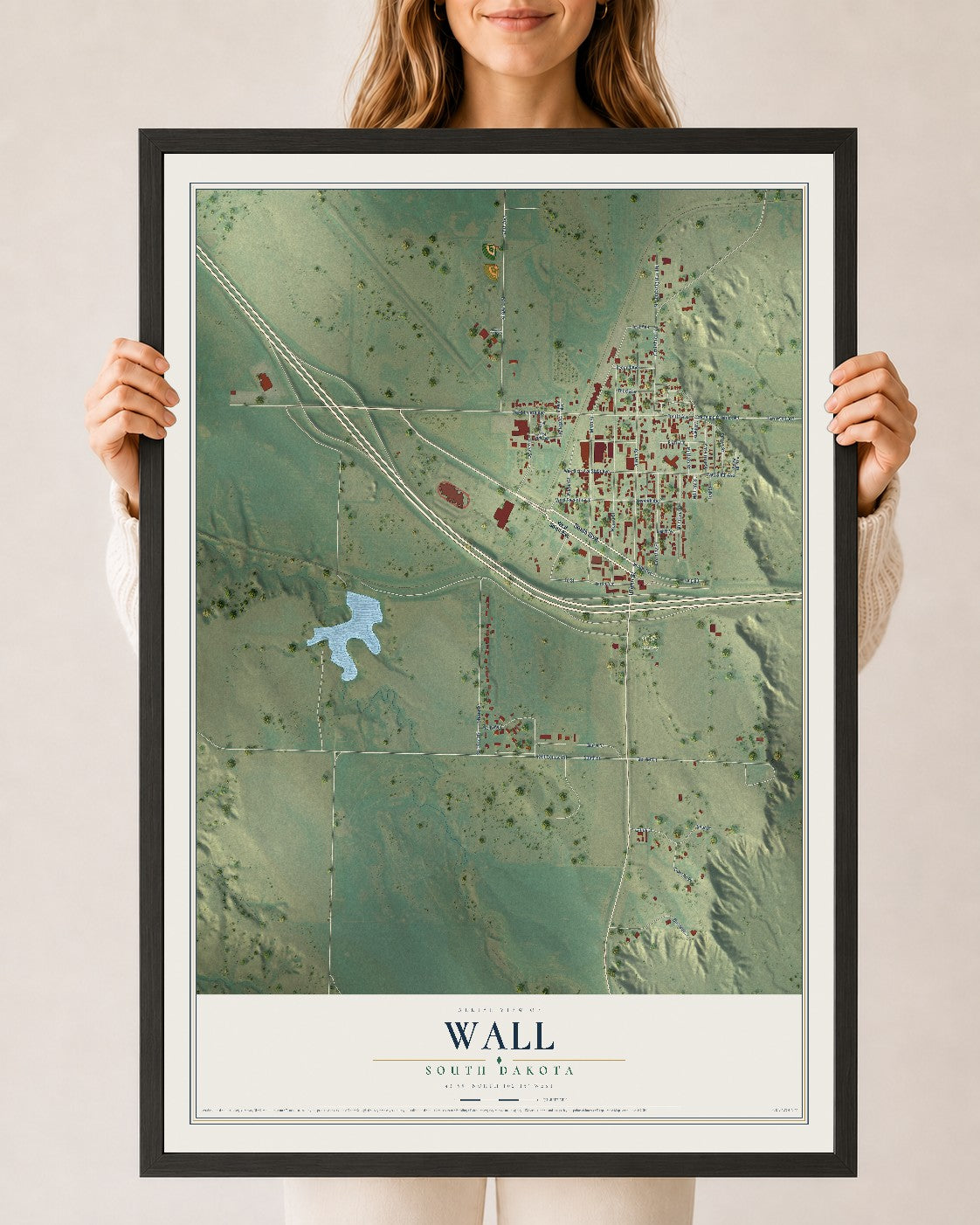 Map of Wall, South Dakota, 24 x 36 inch print in a black wood frame