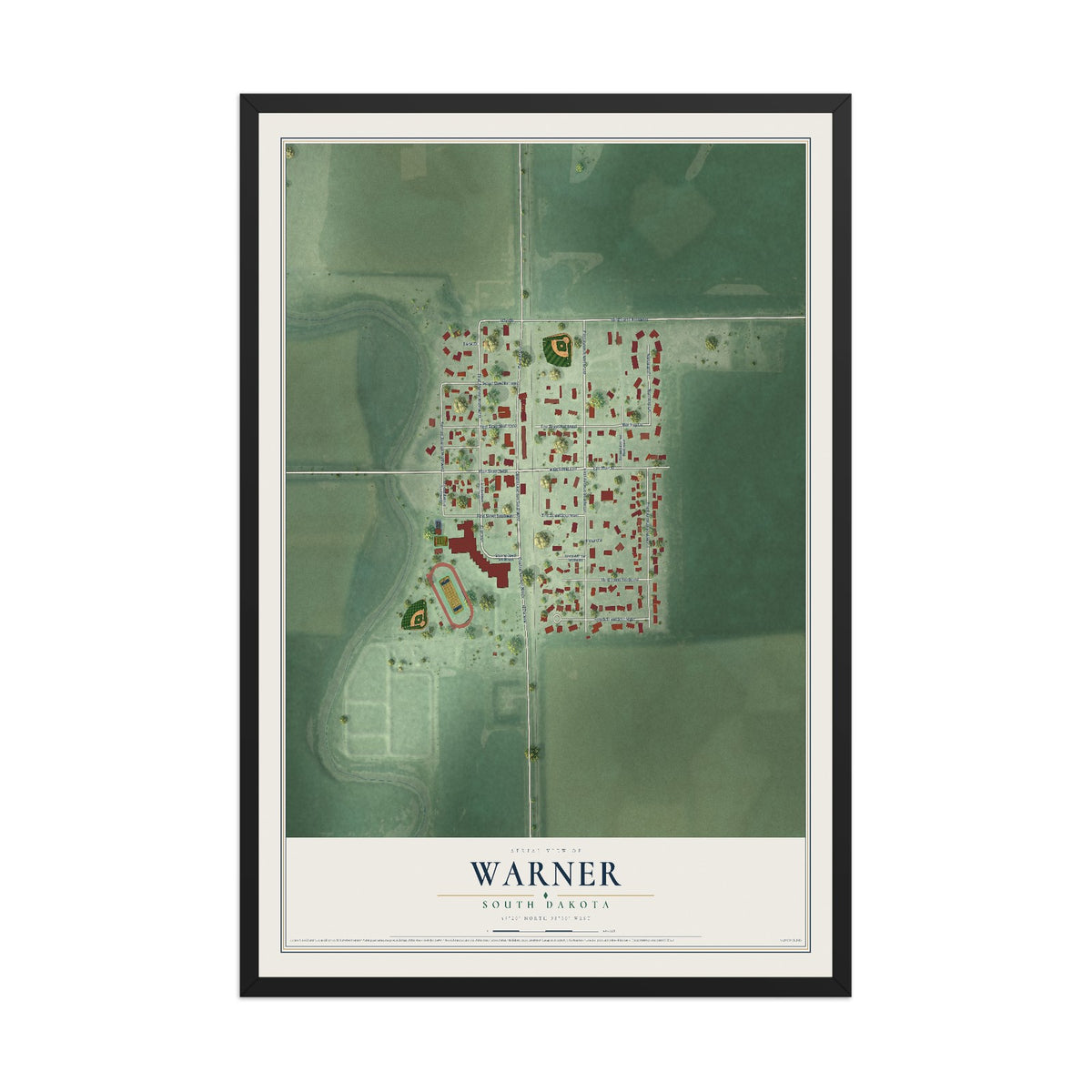 Map of Warner, South Dakota, 12 x 18 inch print in a black wood frame