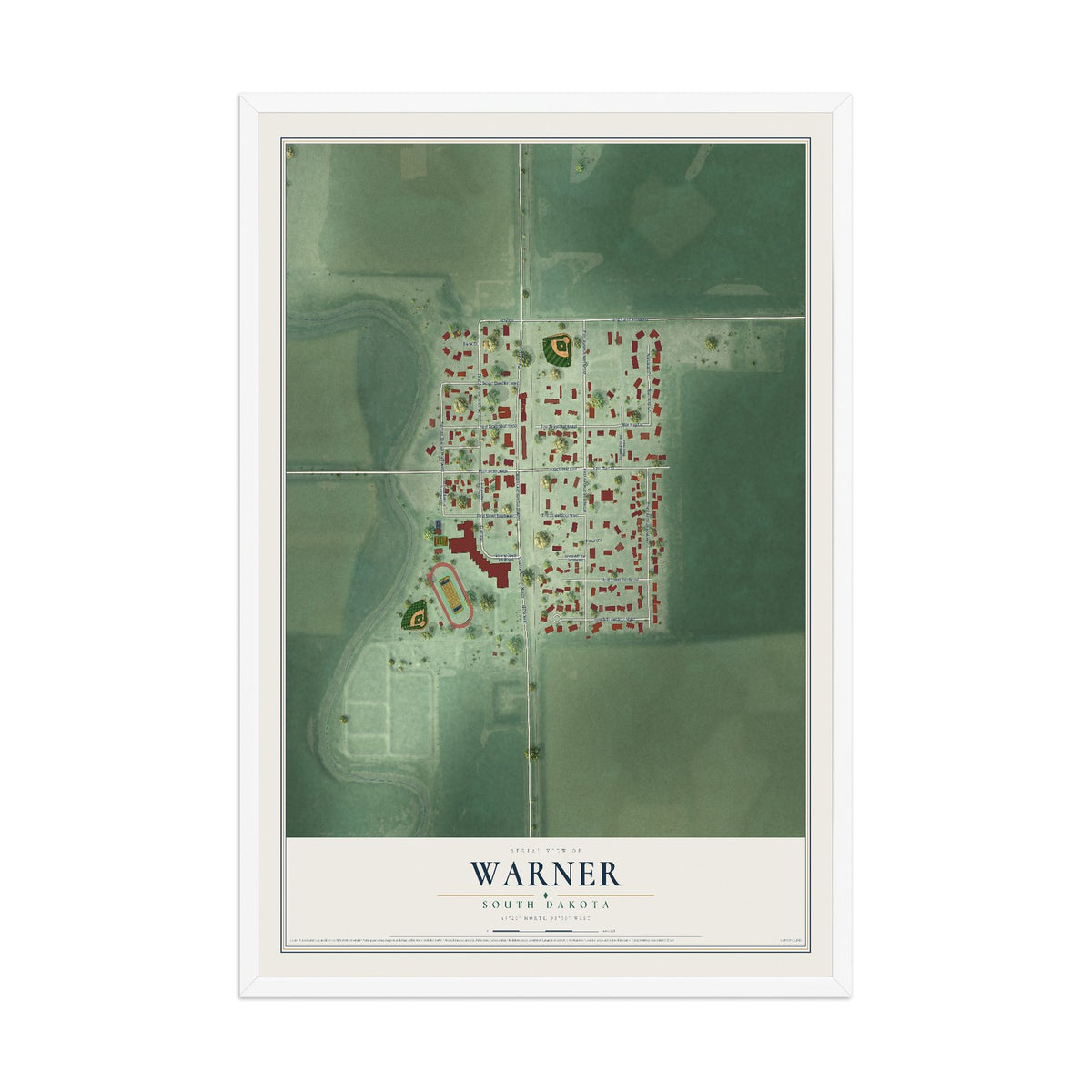 Map of Warner, South Dakota, 12 x 18 inch print in a white wood frame