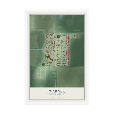 Map of Warner, South Dakota, 12 x 18 inch print in a white wood frame