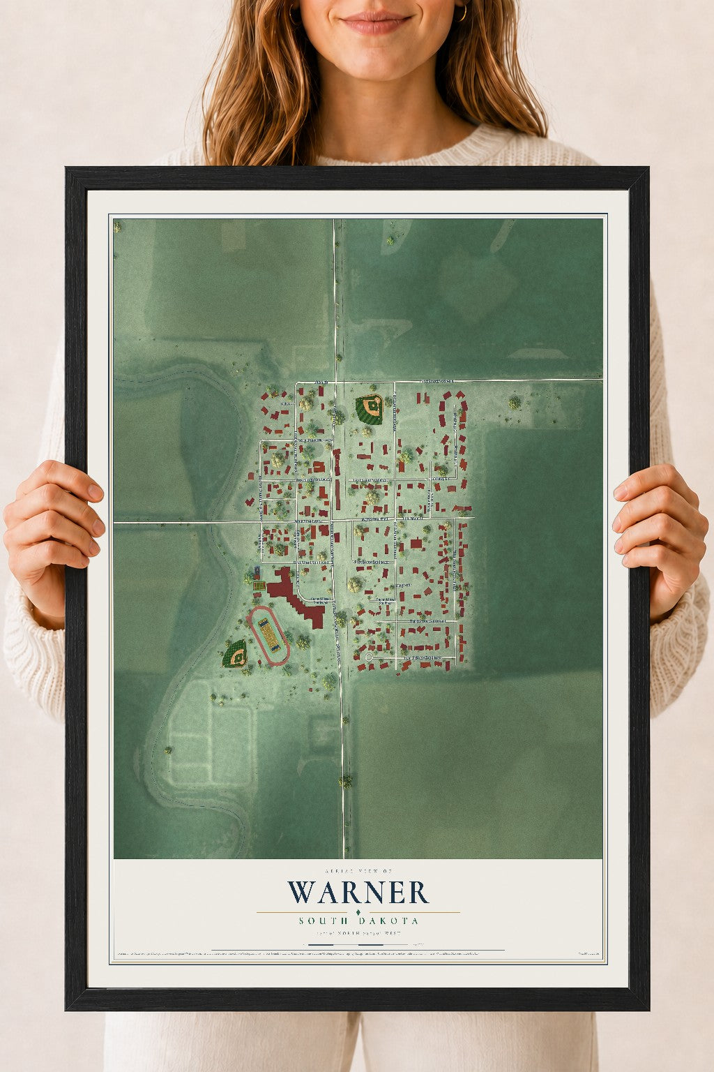 Map of Warner, South Dakota, 18 x 24 inch print in a black wood frame