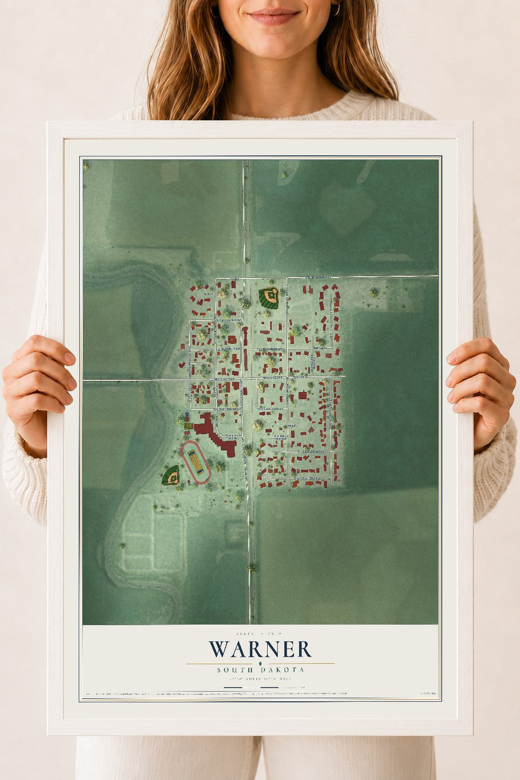 Map of Warner, South Dakota, 18 x 24 inch print in a white wood frame