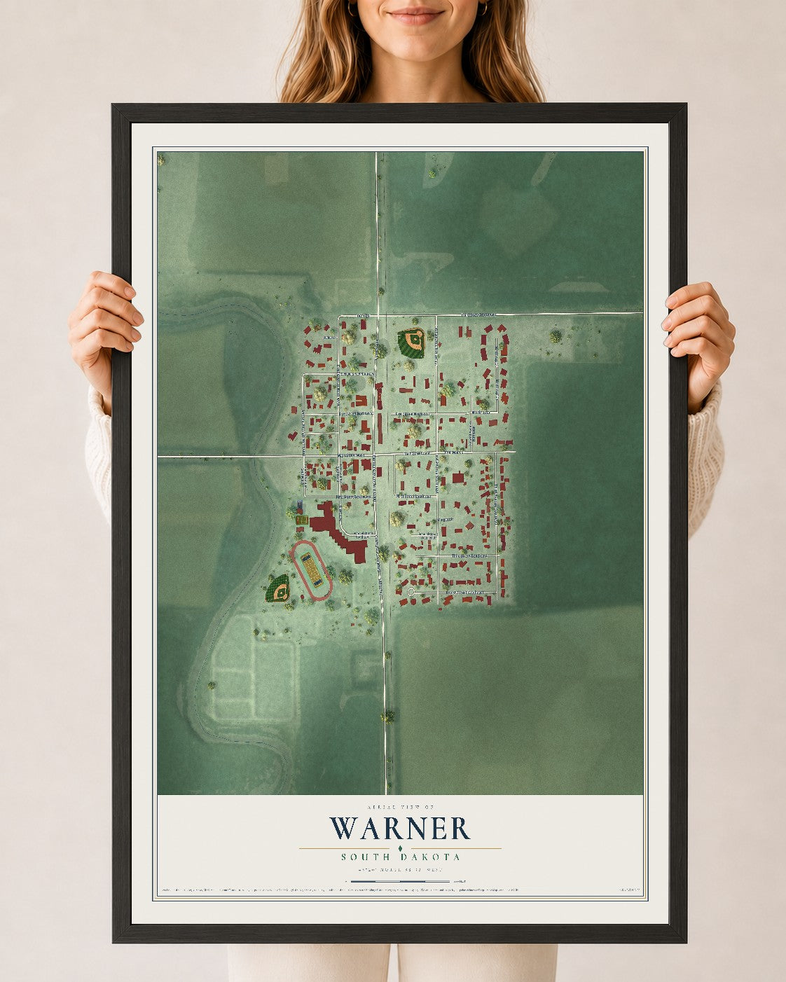Map of Warner, South Dakota, 24 x 36 inch print in a black wood frame