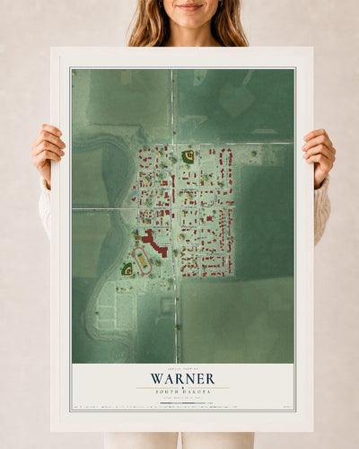 Map of Warner, South Dakota, 24 x 36 inch print in a white wood frame
