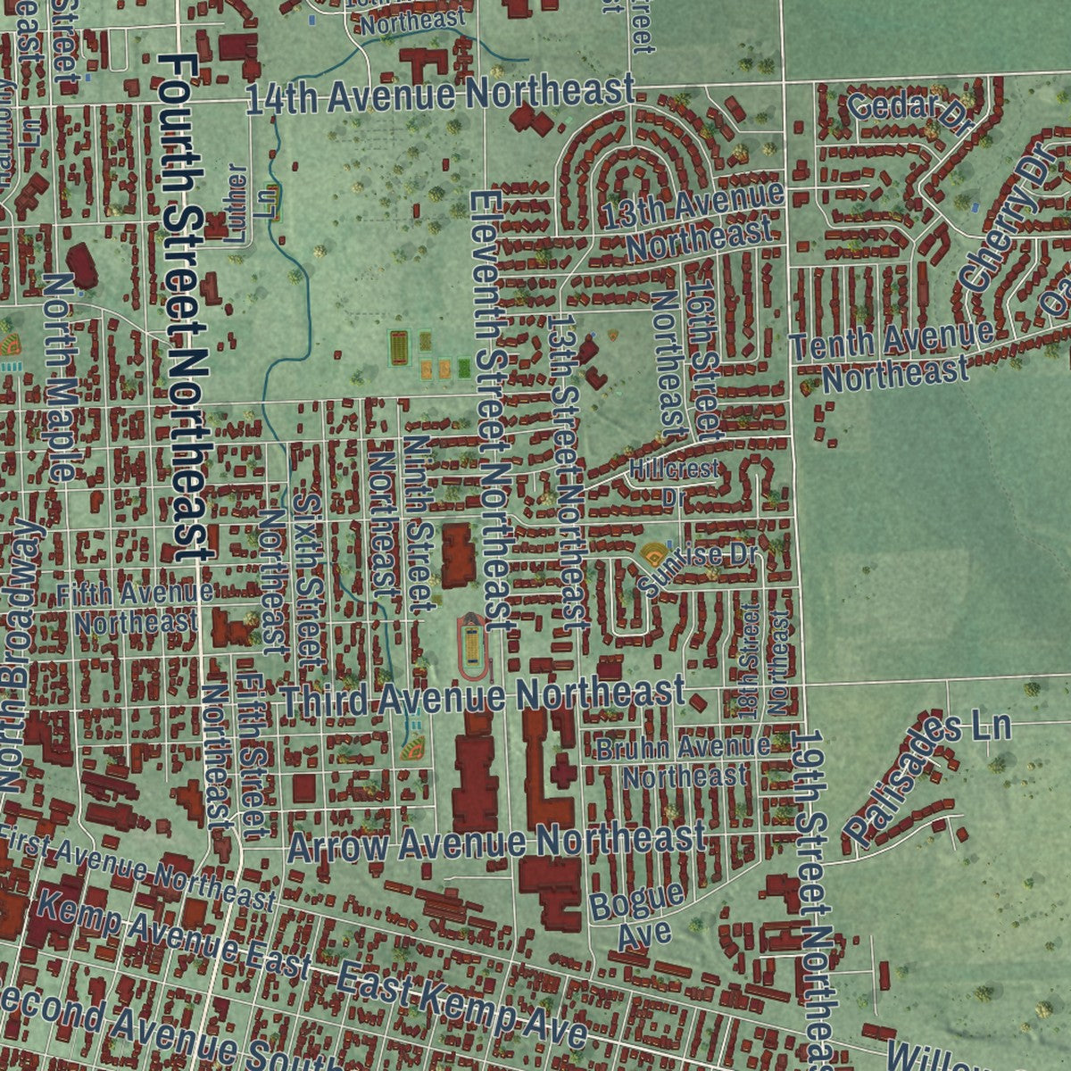 Close-up of the map of Watertown, South Dakota print showing street and building detail