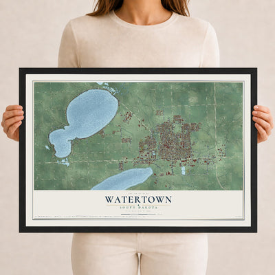 Map of Watertown, South Dakota, 12 x 18 inch print in a black wood frame