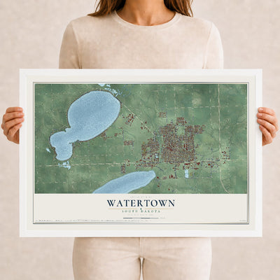 Map of Watertown, South Dakota, 12 x 18 inch print in a white wood frame