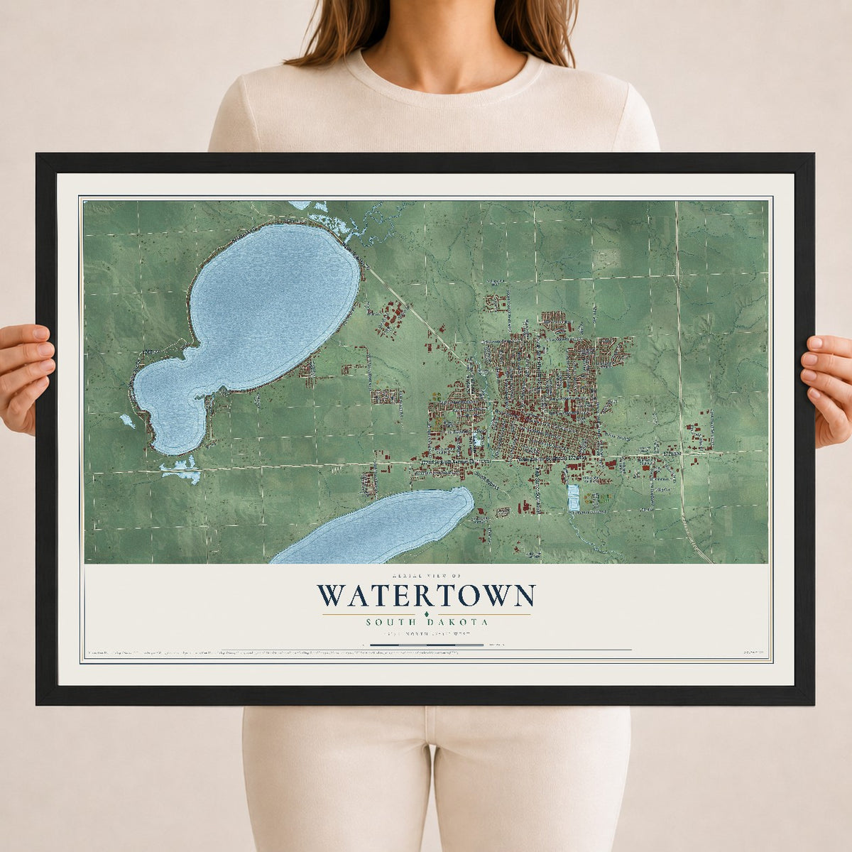 Map of Watertown, South Dakota, 18 x 24 inch print in a black wood frame